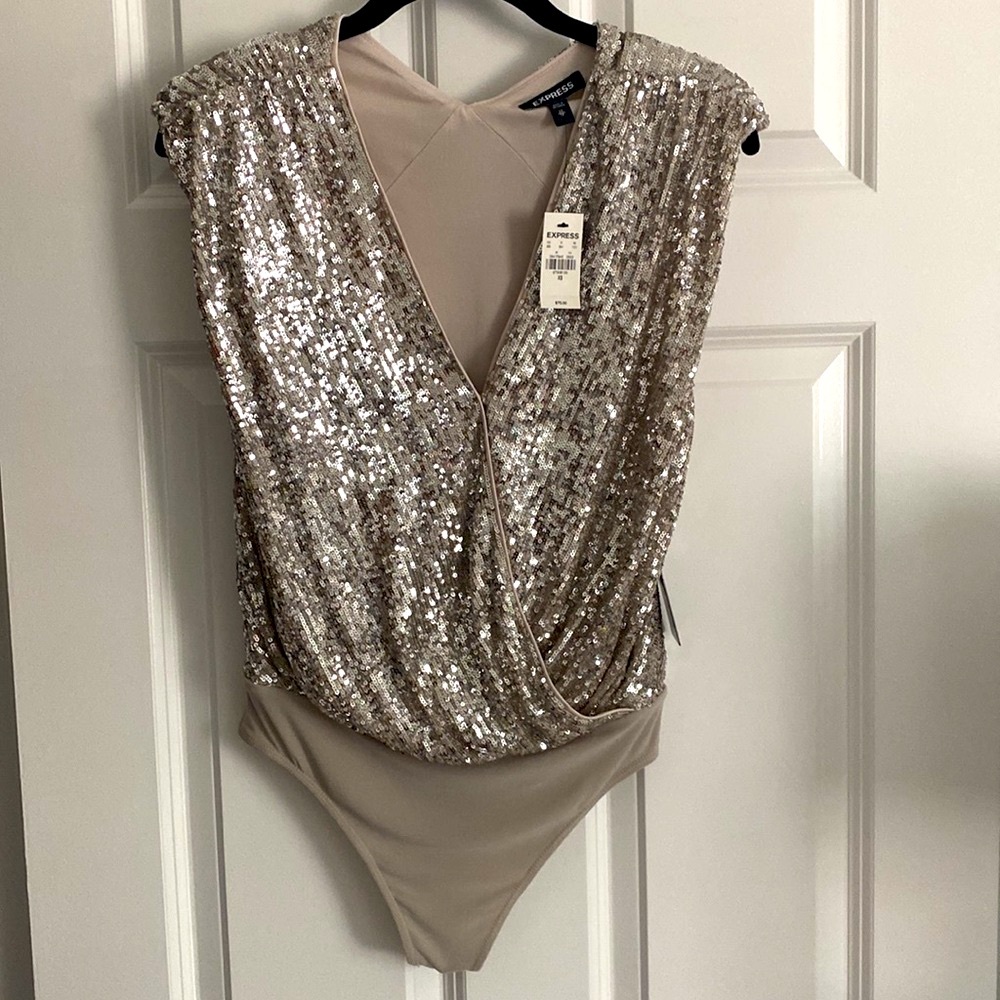 Express HOLIDAY Silver Sequin Wrap Front Bodysuit - XS
